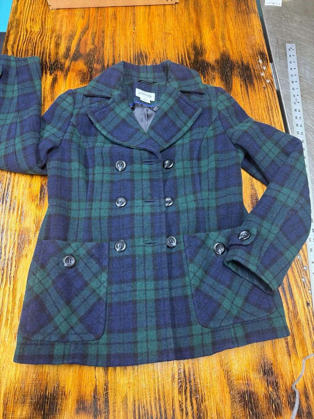 St. John's Bay Wool Blend Plaid Pea Coat Size M Green Blue